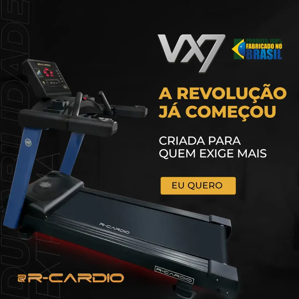 Esteira profissional VX7 R-Cardio para academias com motor WEG e alto desempenho