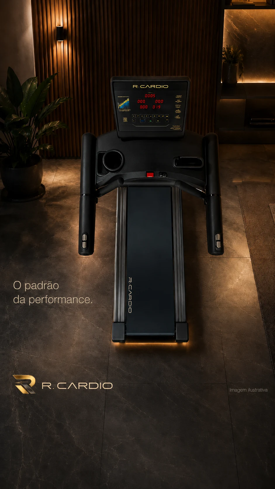 Esteira comercial R-Cardio para ambiente wellness Esteira comercial R-Cardio com motor WEG em ambiente wellness sofisticado