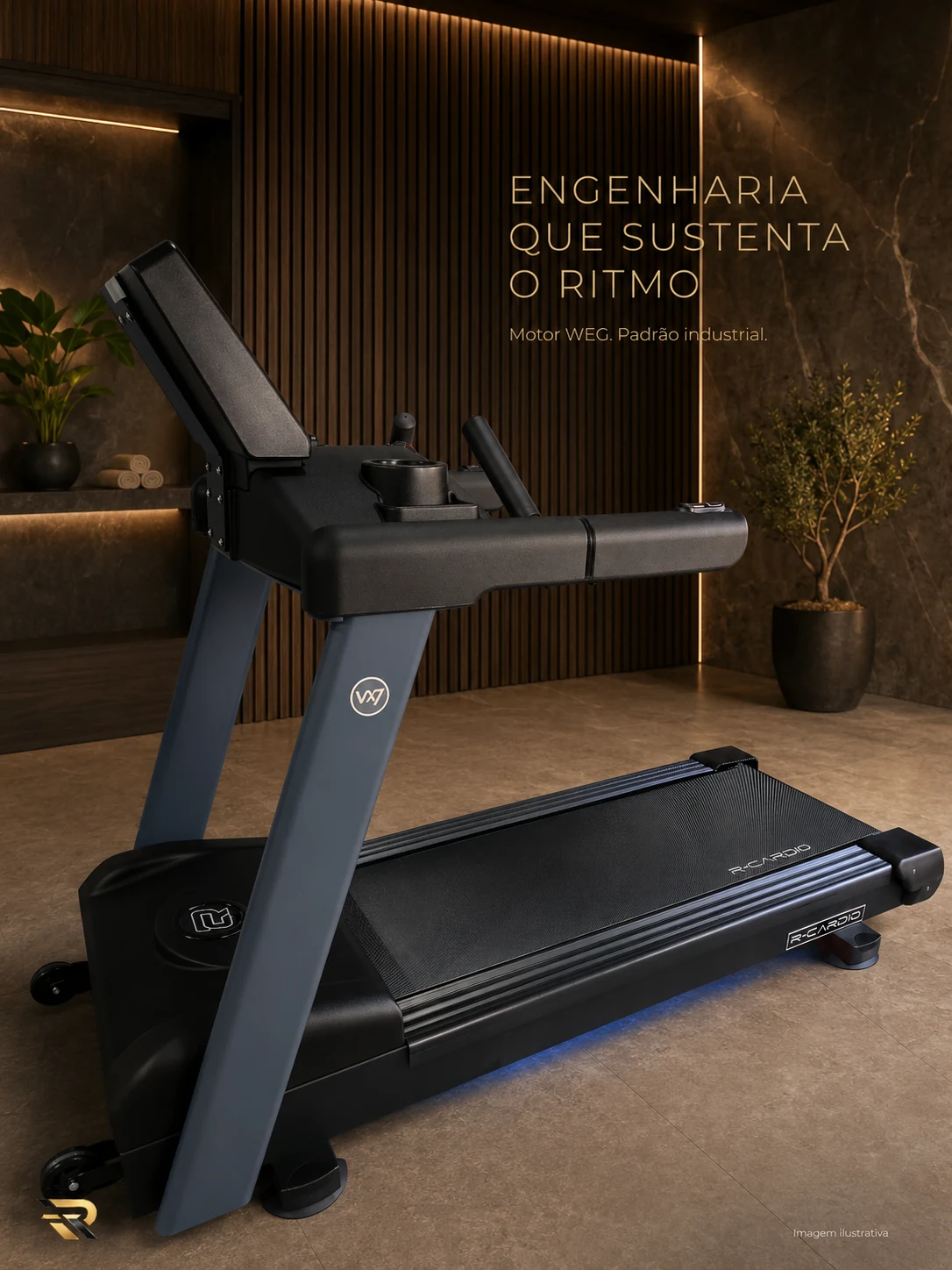 Esteira industrial para academia com motor WEG Esteira industrial para academia R-Cardio VX7 com motor WEG e estrutura de aço