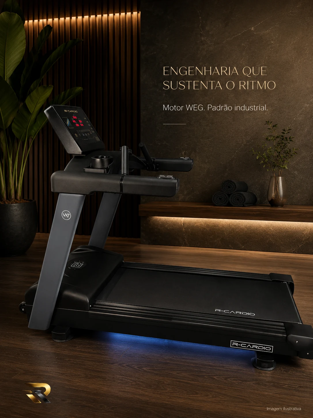 Esteira profissional R-Cardio para wellness Esteira profissional R-Cardio em ambiente wellness com motor WEG e design robusto