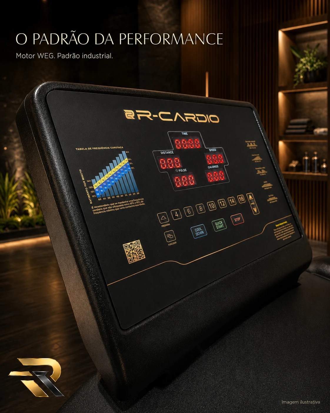 Painel da esteira profissional R-Cardio VX7 Painel da esteira profissional R-Cardio VX7 com comandos e display digital